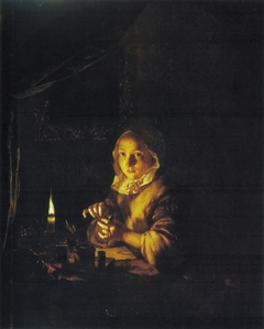 Young woman winding up a watch by candlelight by Caspar Netscher