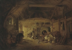 A barn interior with two children eating and a man working by Isaac van Ostade