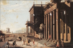 A capriccio view of a palace with ruins and figures by Vicente Giner