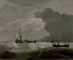 A kaag and a weyschuit running before a strong breeze by Willem van de Velde the Younger