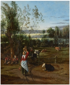 A Milkmaid and Children in a Field, Cattle Grazing beyond by Johannes Siberechts