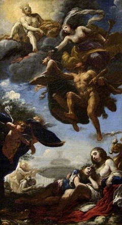 A poet, presented to Jupiter by Hercules, is crowned by Glory, below Venus, Cupid and the poet by Simone Pignoni