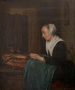 A Sleeping Saleswoman by Gabriël Metsu