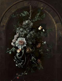 A swag of fruit and flowers suspended before a stone arch by Rachel Ruysch