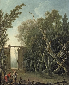 A wooded garden with a gate and figures in the foreground by Jacques Nicolas Julliard