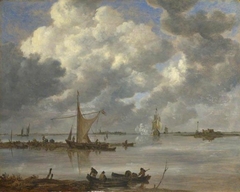 An Estuary with Fishing Boats and Two Frigates by Jan van Goyen