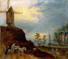 An extensive river landscape with a windmill and travellers on a path. by Anonymous