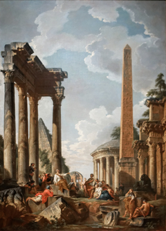 Architectural Capriccio with a Preacher in Roman Ruins by Giovanni Paolo Panini