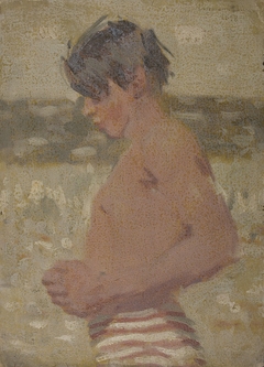 Beach Scene with Boy in Striped Shorts by Denman Ross