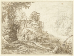 Berglandschap met rivier, huizen op een rots en figuren by Willem van Nieulandt II