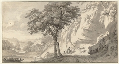 Berglandschap met veerpont by Jan van Aken