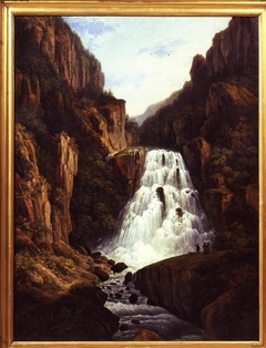 Berglandschap met waterval en enkele toeschouwers by Eelke Jelles Eelkema