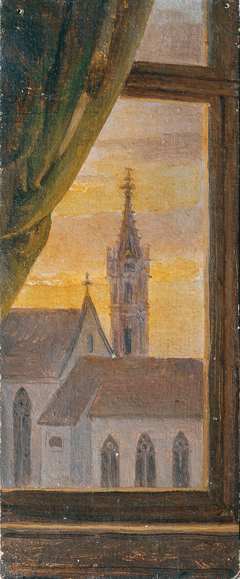 Blick durch ein Fenster auf einen gotischen Kirchturm by Johann Peter Krafft