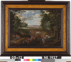 Boslandschap met boerenwagens by Izaak van Oosten