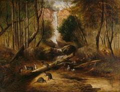 (Bush landscape with waterfall and an aborigine stalking ... by John Skinner Prout