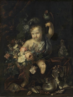 Cherub with Flowers and Parrot by Herman van der Mijn