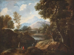 Classical River Landscape with Figures, One in Armour by Anonymous