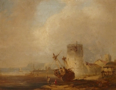 Coast Scene with Boat beached by a Martello Tower by possibly Alfred George Stannard