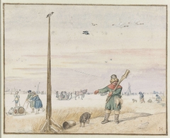 Eendenjager bij een paal op het ijs by Hendrick Avercamp