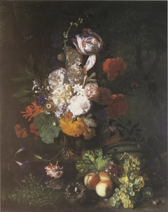 Flower piece with fruit and turf by Jan van Huysum