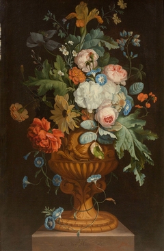 Flowers in a terracotta vase on a pedestal by Jan van Huysum