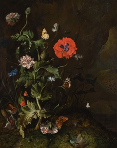 Forest floor still-life with flowers, insects and butterflies on a mossy bank by Rachel Ruysch