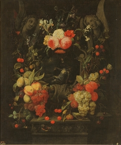 Guirnalda de flores y frutas con la Piedad by Cornelis van Huynen