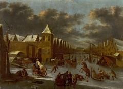 Ice skating over frozen canal by Anonymous