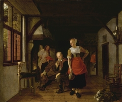 Interior with a Maid holding a Jug and Three Men by the Fire by Ludolf Leendertsz de Jongh