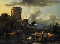 Italianate Landscape with Herders and their Cattle by a River by Nicolaes Pieterszoon Berchem