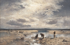 Kalksteinsammlerinnen im Isarbett bei Tölz by Joseph Wenglein