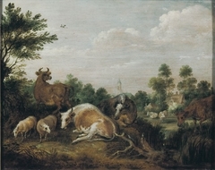 Koeien en schapen in landschap by Gillis d'Hondecoeter