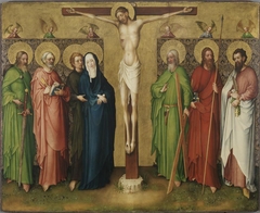 Kreuzigungsaltar: Christus am Kreuz, Maria und die Apostel Jakobus d. Ä., Petrus, Johannes Ev. Andreas, Thomas und Bartholomäus (mit Stefan Lochner) by Meister des Heisterbacher Altars