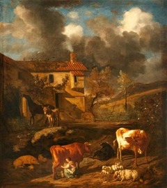 Landscape with a Milkmaid milking a Cow, a Farm Dwelling, Cows, Sheep, and a Donkey by Dirck van der Bergen