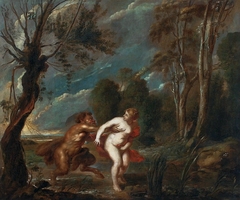 Landscape with Nymph and Satyr. by Anonymous