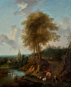 Landschaft mit drei Bäumen und Kirche by Christian Hilfgott Brand