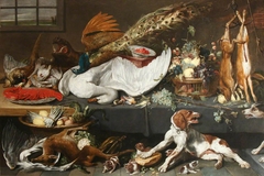 Larder with Dead Game, Swan and Lobster, Fruit, Vegetables and a Pointer Bitch defending her Puppies by Frans Snyders