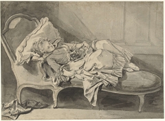 Madame Greuze op een chaise-longue met haar hondje by Jean-Baptiste Greuze