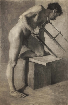 Male nude sawing a board. by Ignacy Łopieński