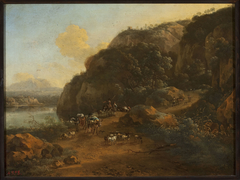 Mountain landscape with travellers by Jan Vermeer van Haarlem