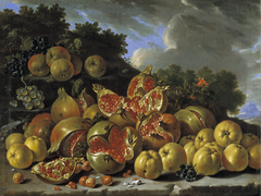 Pomegranates, apples, haws and grapes in a landscape by Luis Egidio Meléndez