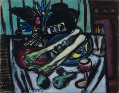 Still Life with Chianti Bottle and Celery by Max Beckmann