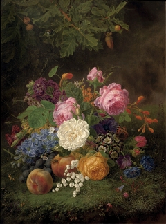 Stilleven met rozen, lelietjes-van-dalen en fruit by Henriëtte Geertruida Knip