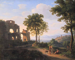 Sunlit ruin landscape with a family on a way and shepherd with sheeps by Johann Nepomuk Schödlberger