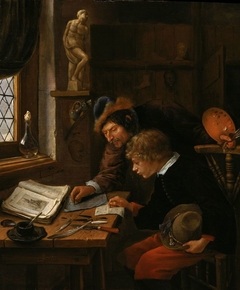 The drawing lesson for a boy holding a hat by Jan Steen