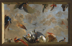 Trompe-l'oeil plafondstuk met 'De raaf die beroofd wordt van de veren waarmee hij zich had getooid' by Abraham Busschop