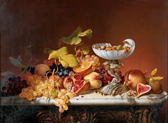 Tropical fruits with milk glass shell in shell shape by Johann Wilhelm Preyer