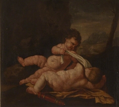 Two Putti playing in a Landscape by Anonymous
