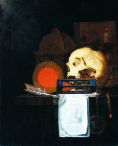 Vanitas Still Life with Rembrandt Print, on the Death of Ferdinand II by Joannes de Cordua