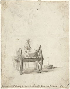 Wagen, van achteren, met man die mest in een tobbe schept by Harmen ter Borch